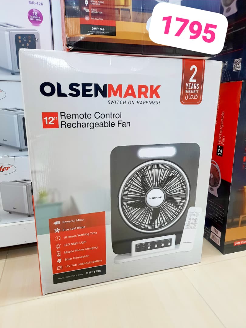 پنکه شارژی باکس ۱۲ اینچ اولسن مارک با قابلیت چرخش مدل OMF 1795 – Olsenmark OMF1795 12 Inch Rechargeable Box Fan with Remote