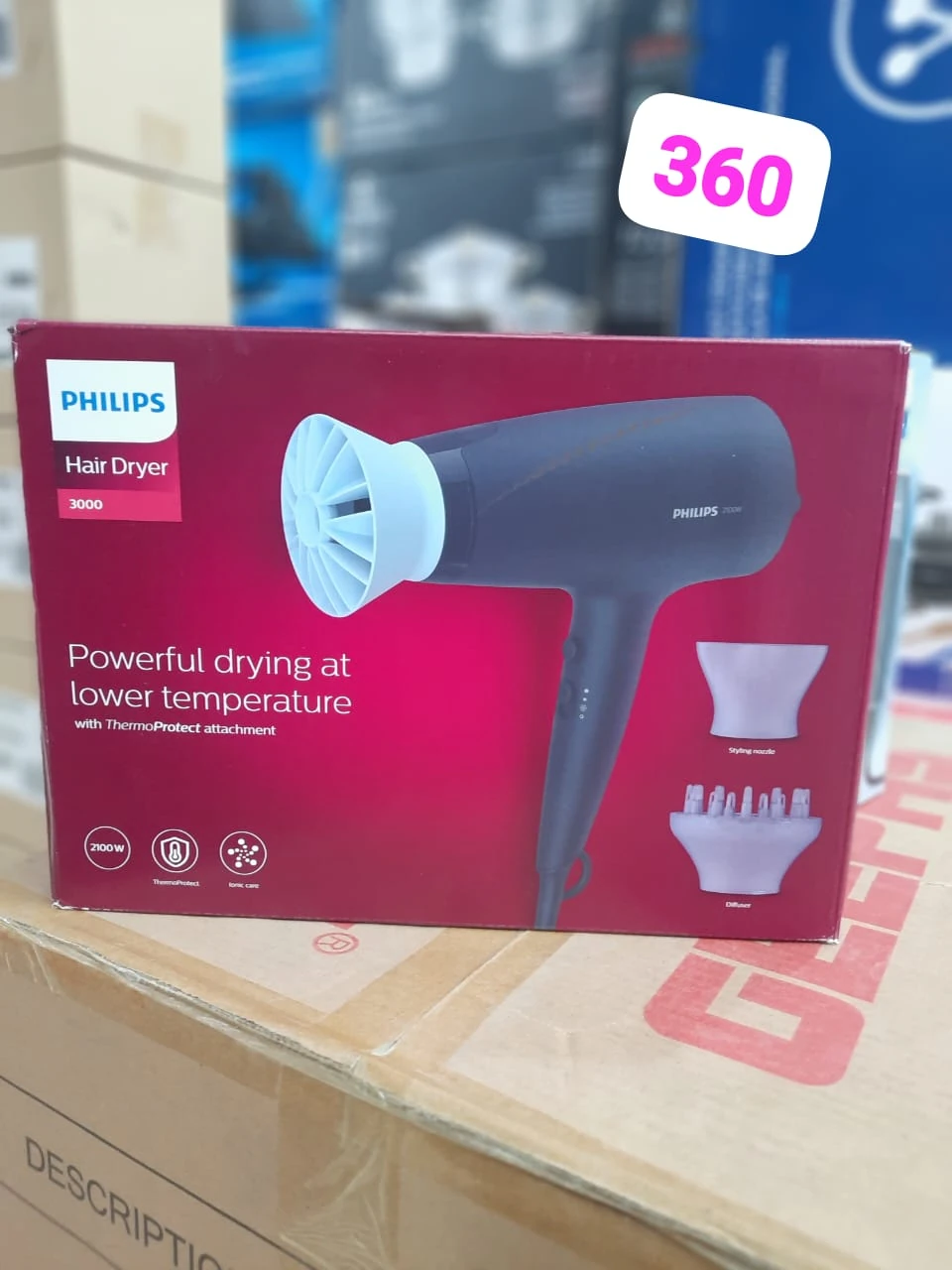 سشوار فیلیپس 2100 وات سری 3000 با سری دیسپانسر – Philips Hair Dryer 3000 Series BHD 360